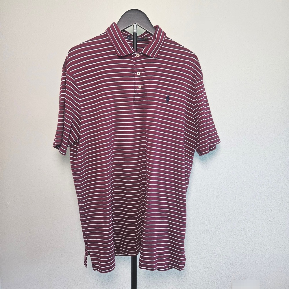 Polo Ralph Lauren Polo‎ Shirt Mens XL Burgundy Striped Short Sleeve Preppy